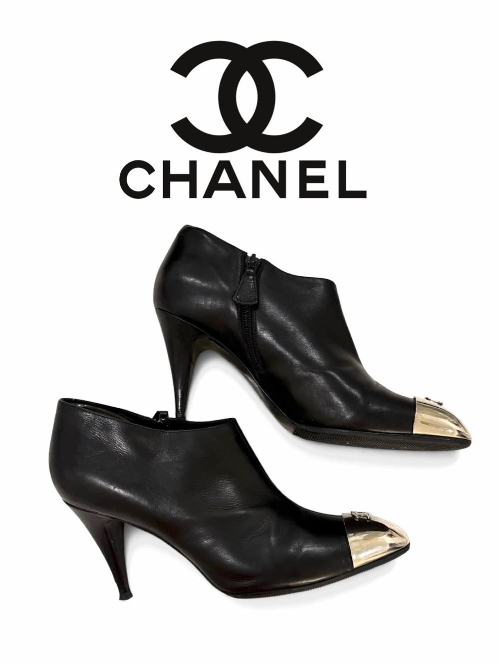 CHANEL Black Leather Ankle Boots with Silver Cap Toe Logo - Picture 10 of 13